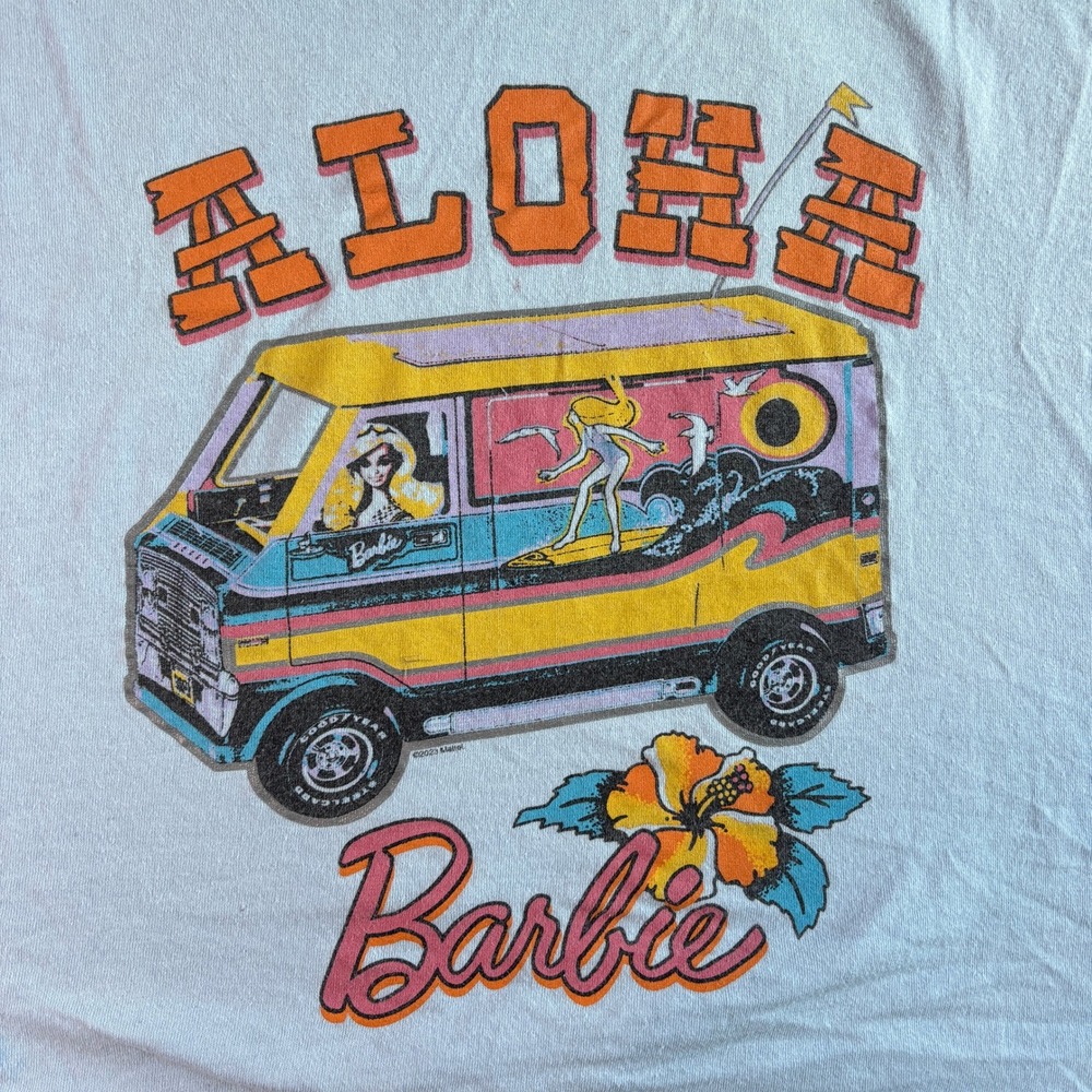 Junk Food Women T-Shirt M Blue Cotton Aloha Barbie Surf Van Graphic Crop Top - Picture 3 of 8